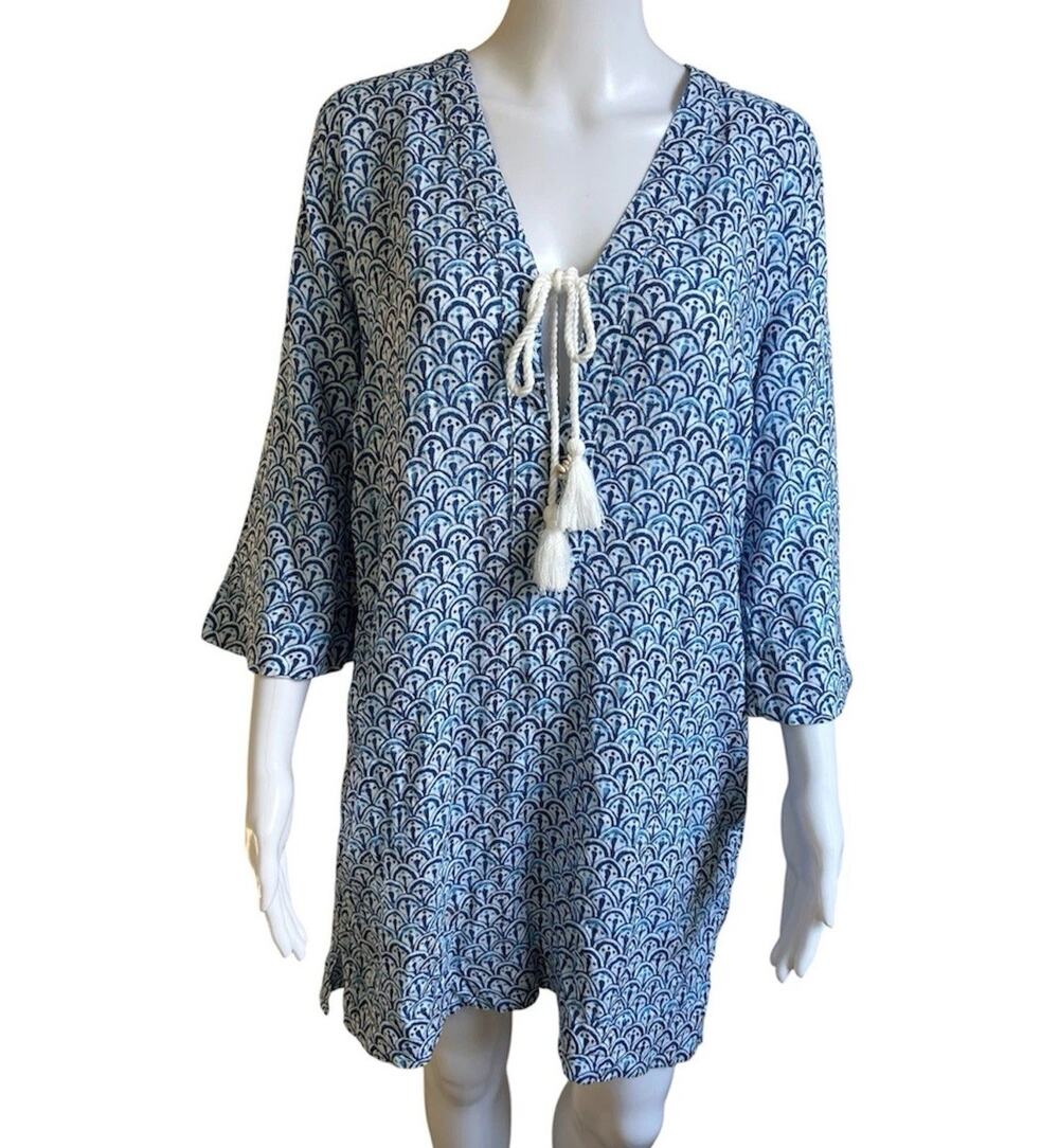 Sigrid Olsen Linen Blend Tunic Dress Womens Small Blue White Tassel Pockets Boho